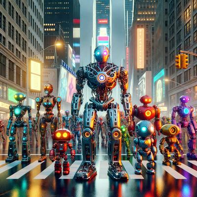 The primary subject of the image is a group of robots, including a large robot and several smaller ones, standing on a city street. The setting is a bustling urban environment with buildings and traffic lights visible in the background. The visual style is a combination of photo and digital art, creating a futuristic and vibrant atmosphere. The colors and mood are predominantly bright and lively, with the robots and their surroundings illuminated by neon lights.
